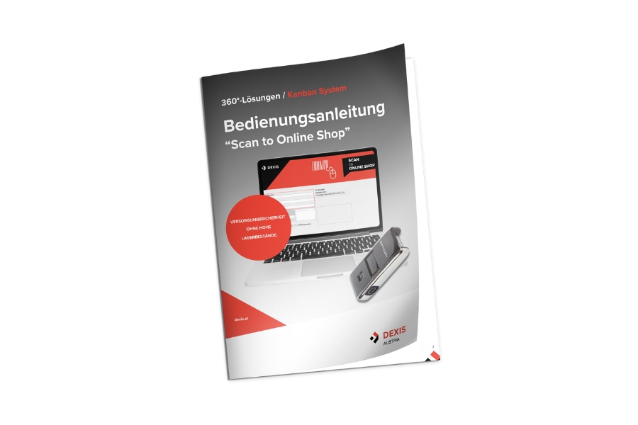 Cover der Bedienungsanleitung für das „Scan to Online Shop“-System von DEXIS Austria, mit einem Laptop, Barcode-Scanner und rotem Design-Element.